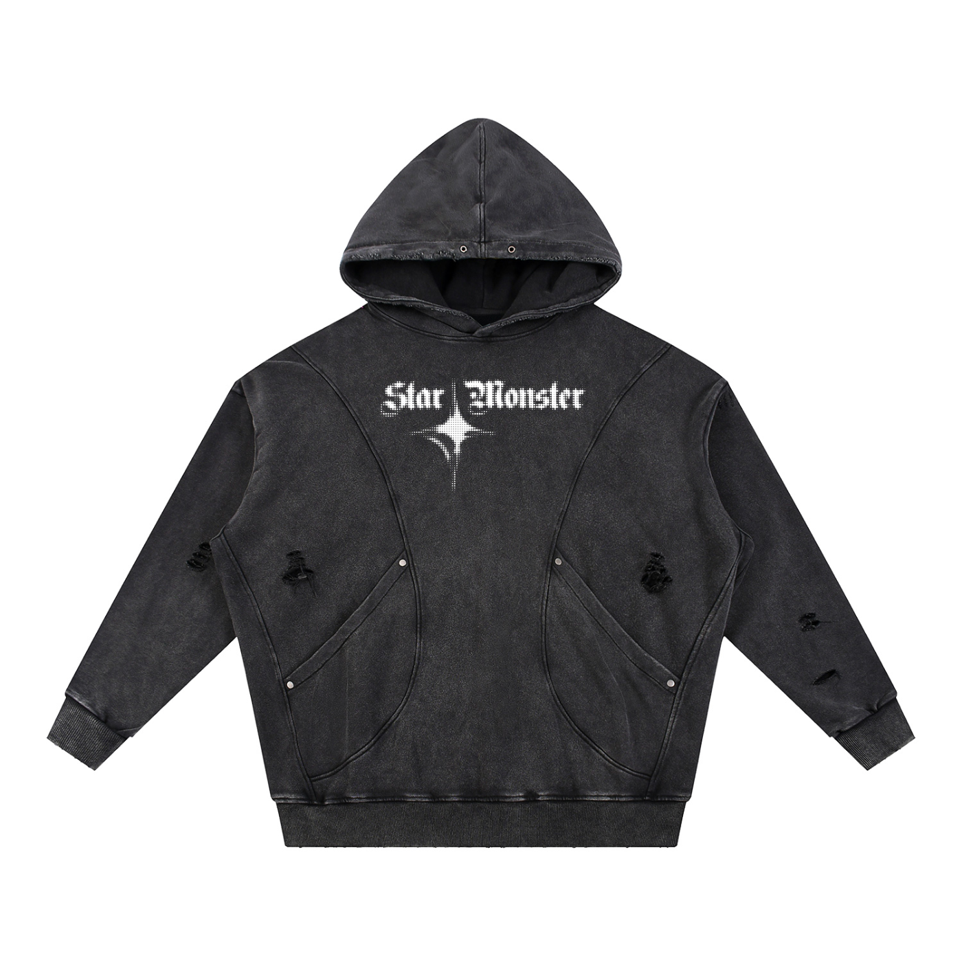 Snow Washed Distressed Panel Pocket Hoodie