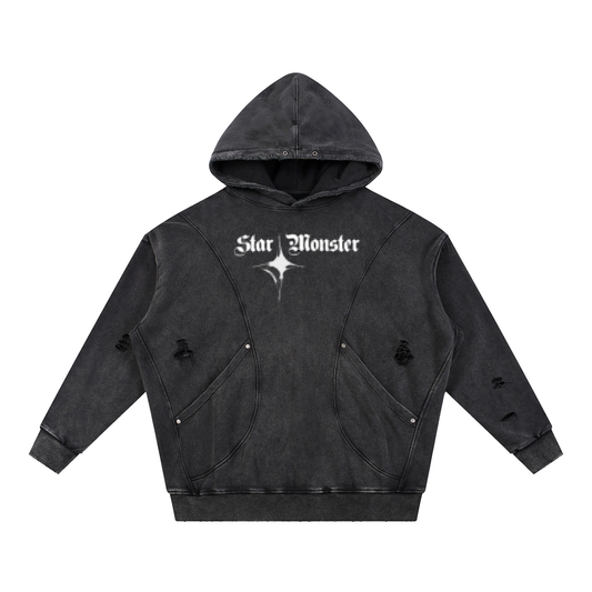 Snow Washed Distressed Panel Pocket Hoodie