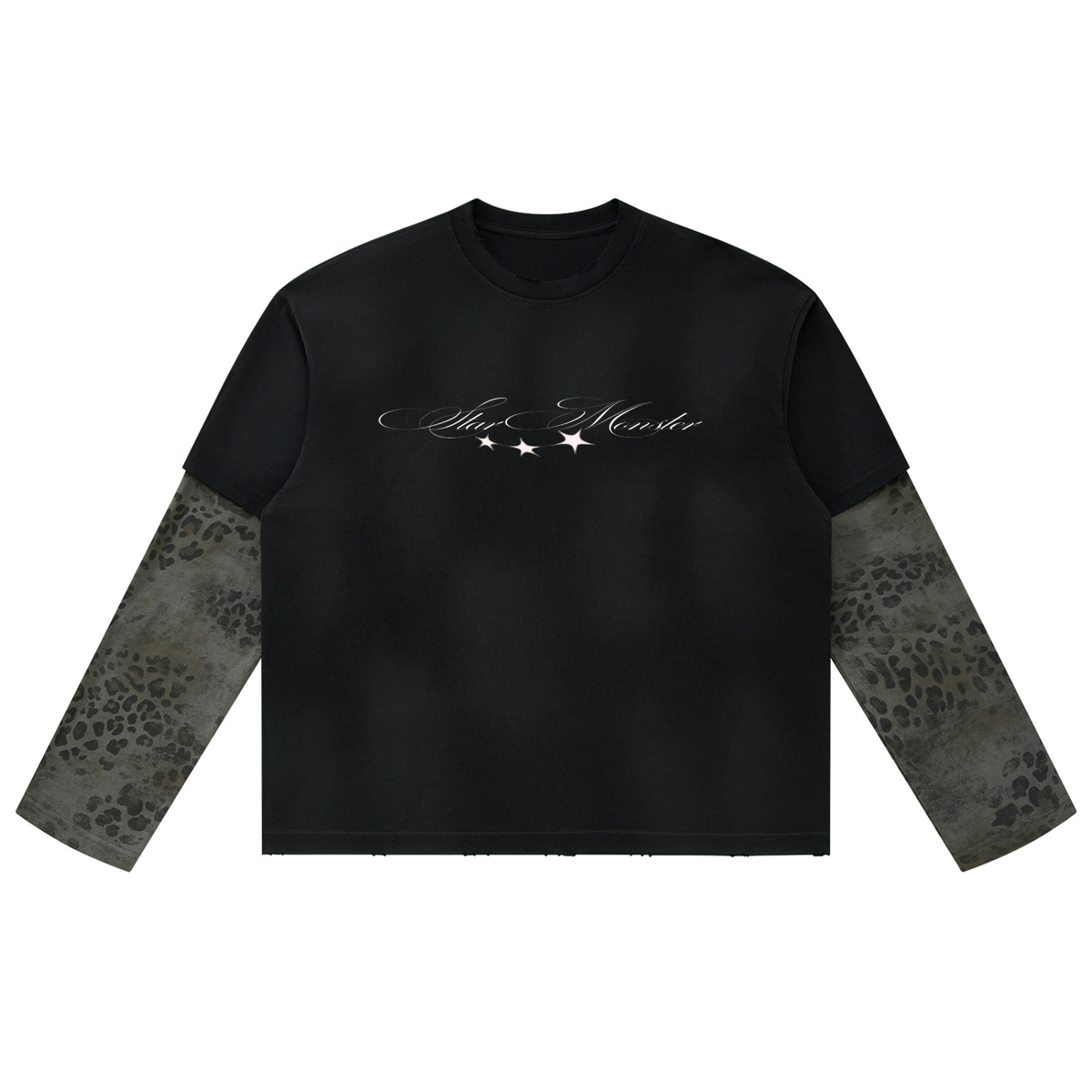 Star Monster Eclipse Unisex Vintage Wash Leopard Paneled Layer T-Shirt