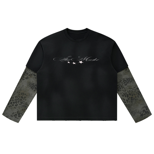 Star Monster Eclipse Unisex Vintage Wash Leopard Paneled Layer T-Shirt