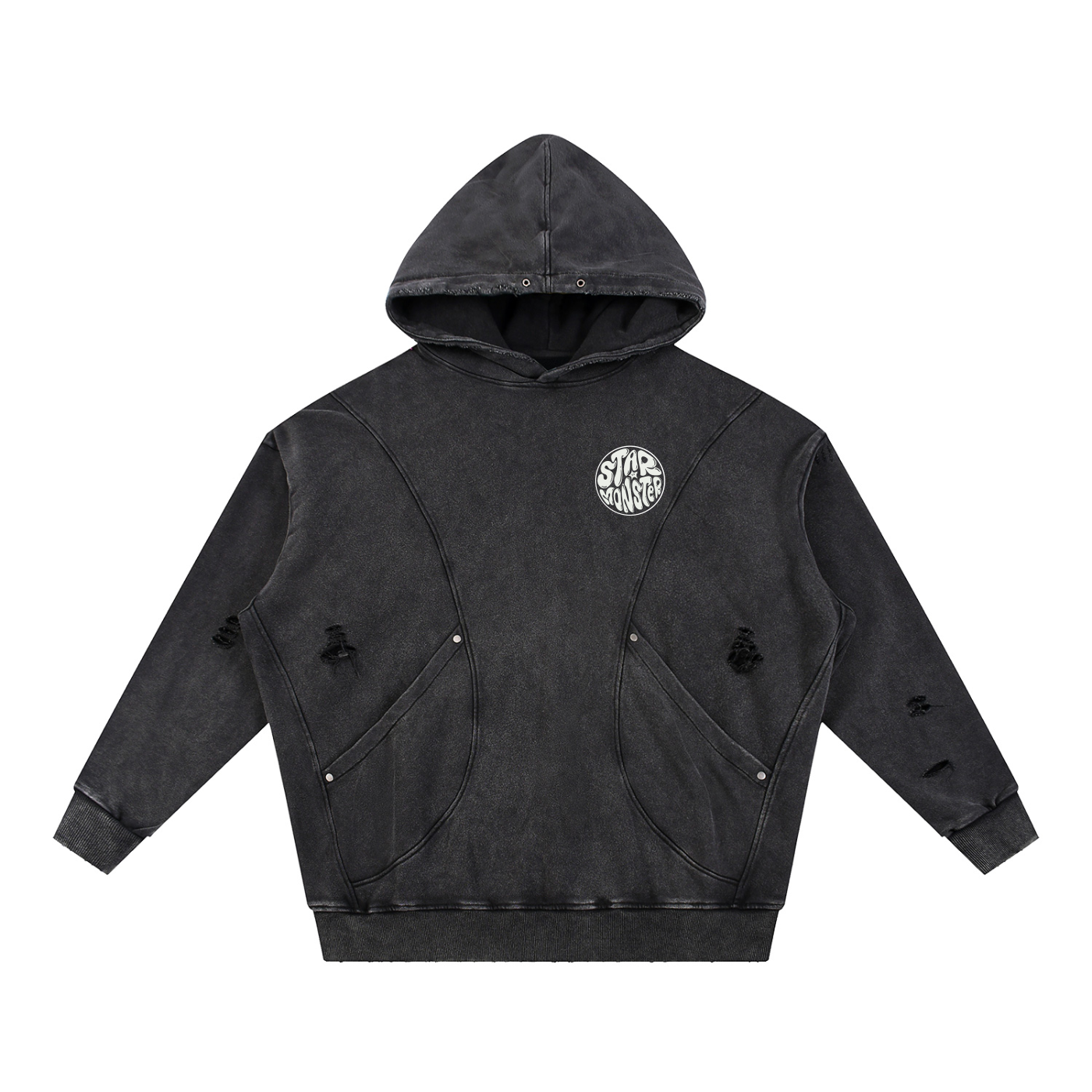 Snow Washed Distressed Panel Pocket Hoodie